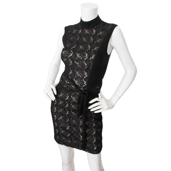 Bebe Lace Sleeveless Fringe Sash Open Back Mini Sheath Dress 2 - Picture 2 of 5